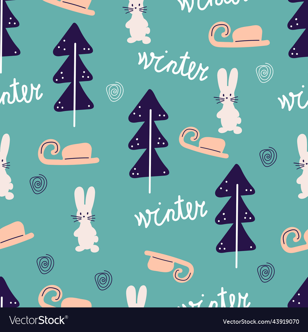 Winter seamless pattern with fir trees rabbit