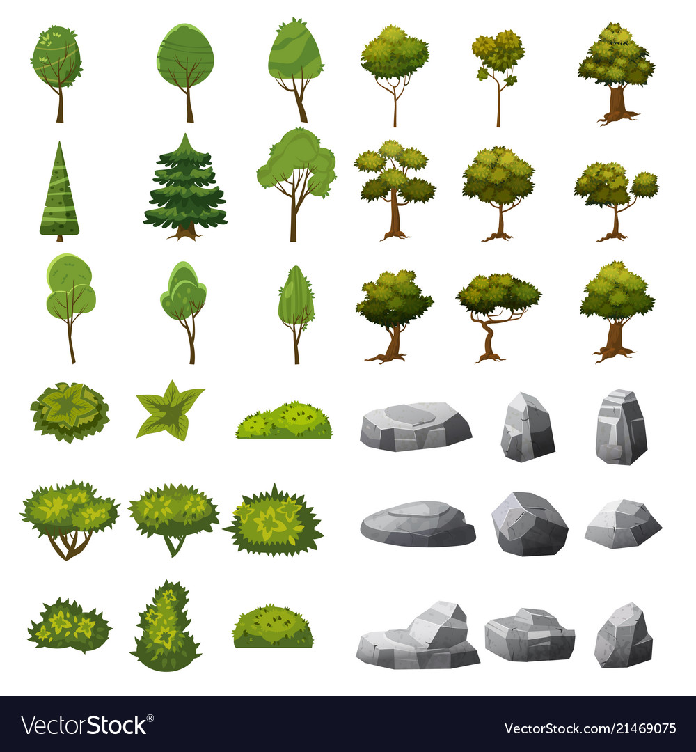 A set of stones trees and bushes landscape Vector Image