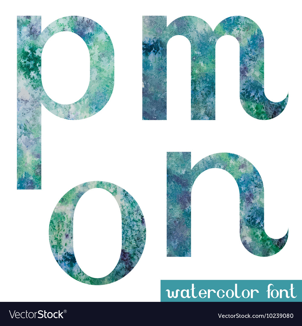 Green-blue watercolor font mnop