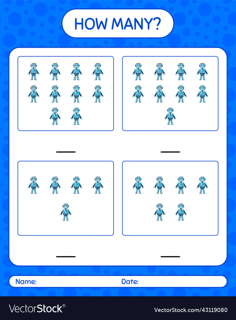 How many counting game with robot toy worksheet vector image How many counting game with robot toy worksheet