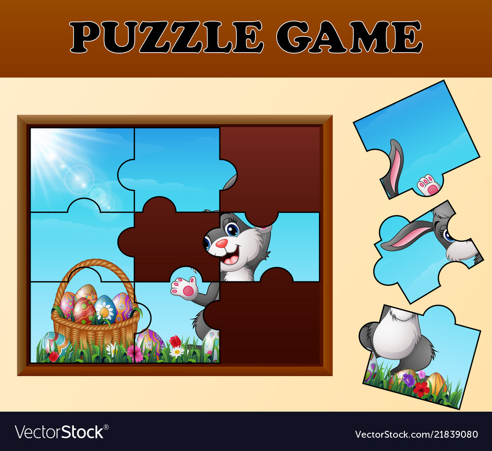 Jigsaw puzzle game with happy easter bunnies Vector Image