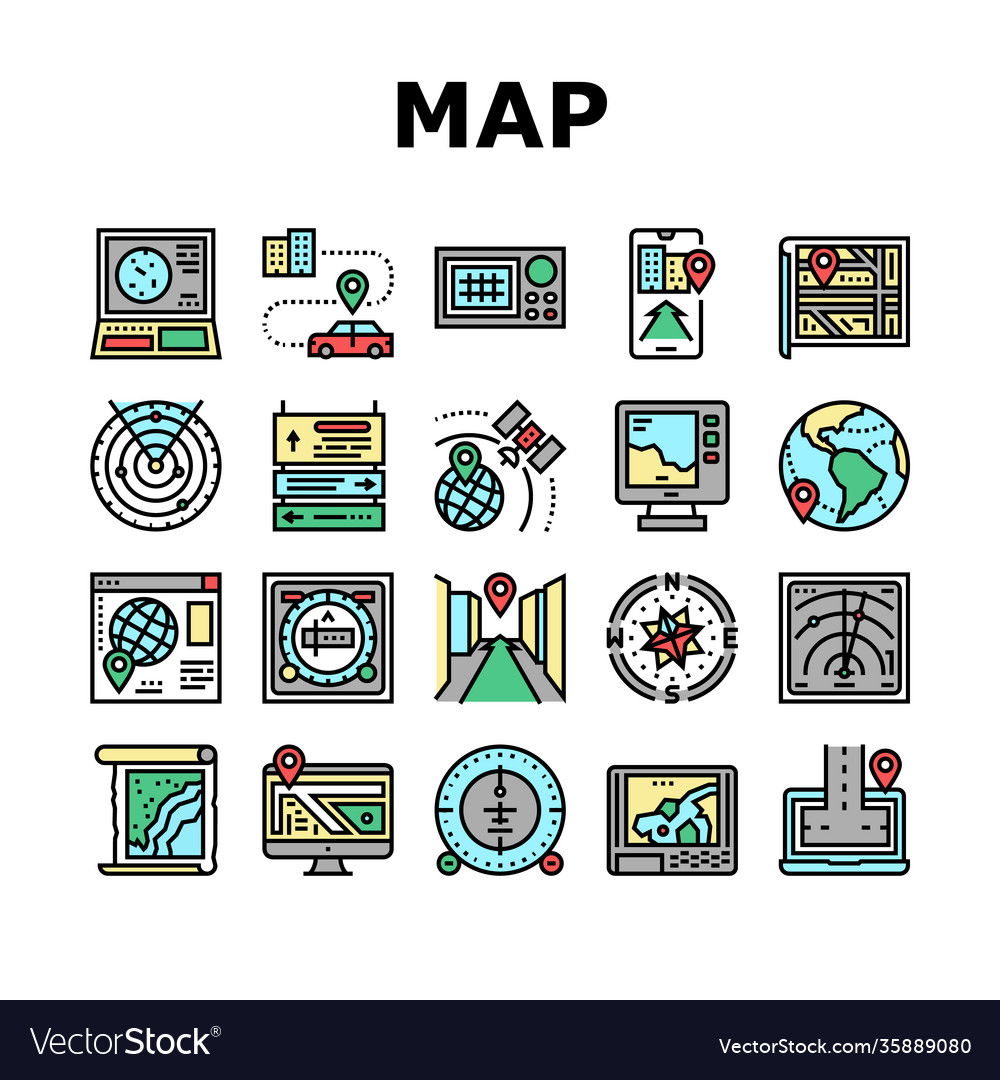 Map location system collection icons set vector image Map location system collection icons set