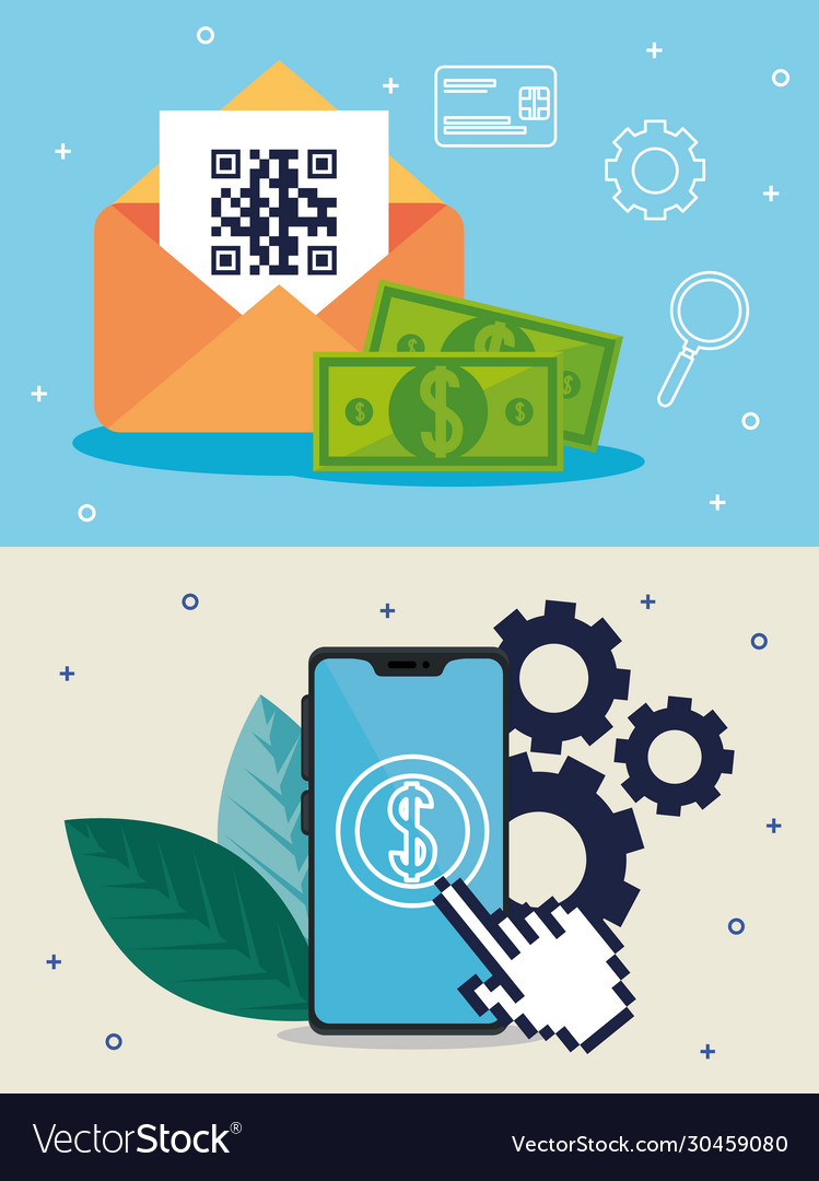 Qr code inside envelope bills and smartphone vector image Qr code inside envelope bills and smartphone