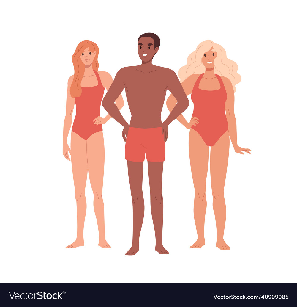 Beach lifeguards in swimsuits portrait happy vector image Beach lifeguards in swimsuits portrait happy