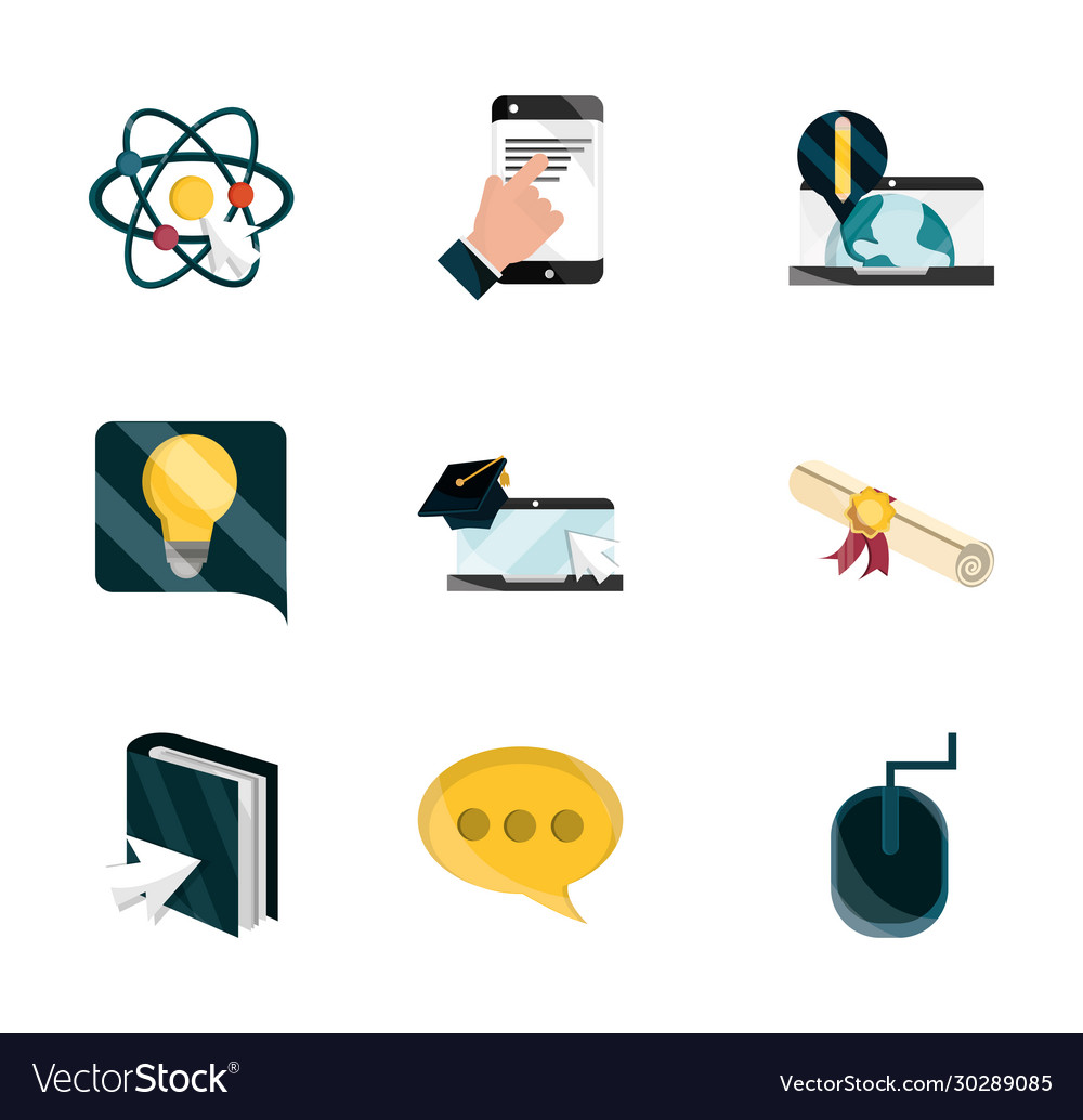 Online-Bildung Studie Technologie Schule Icons Set