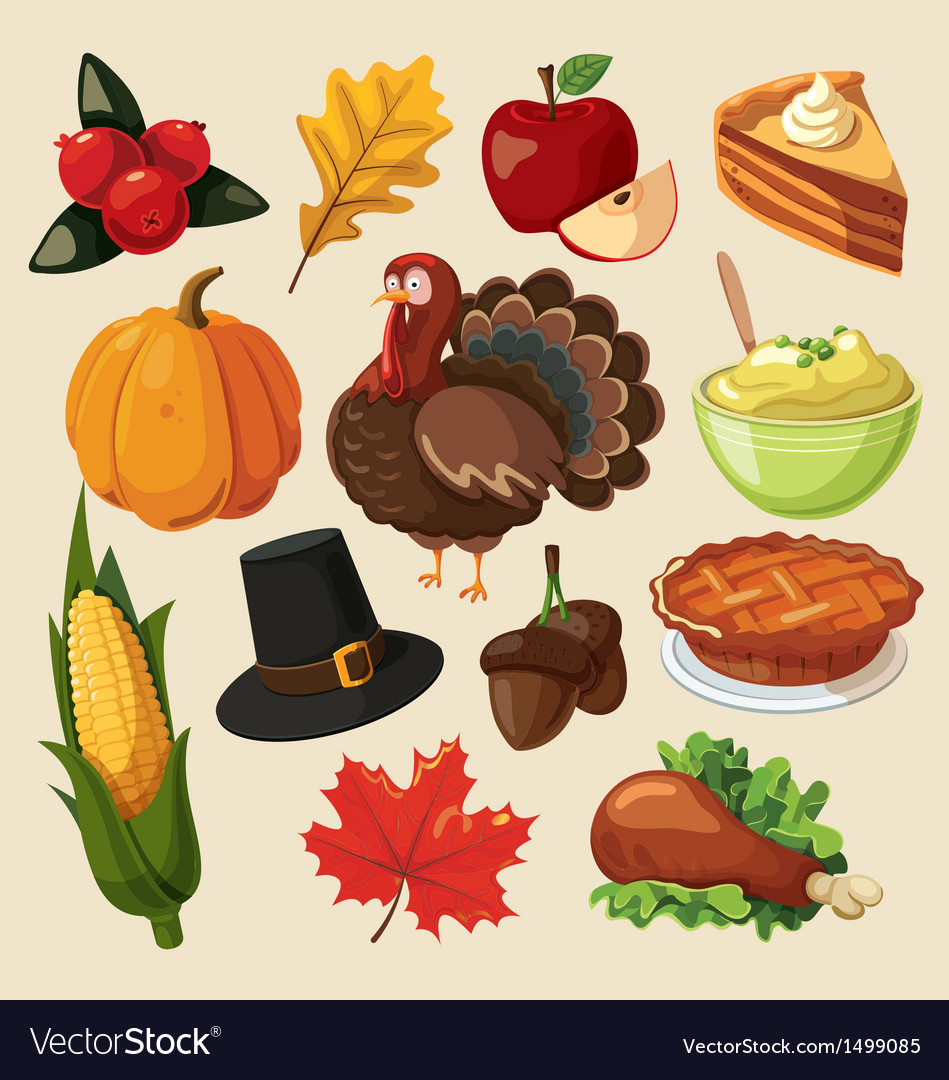 Set of colorful cartoon icons for thanksgiving day