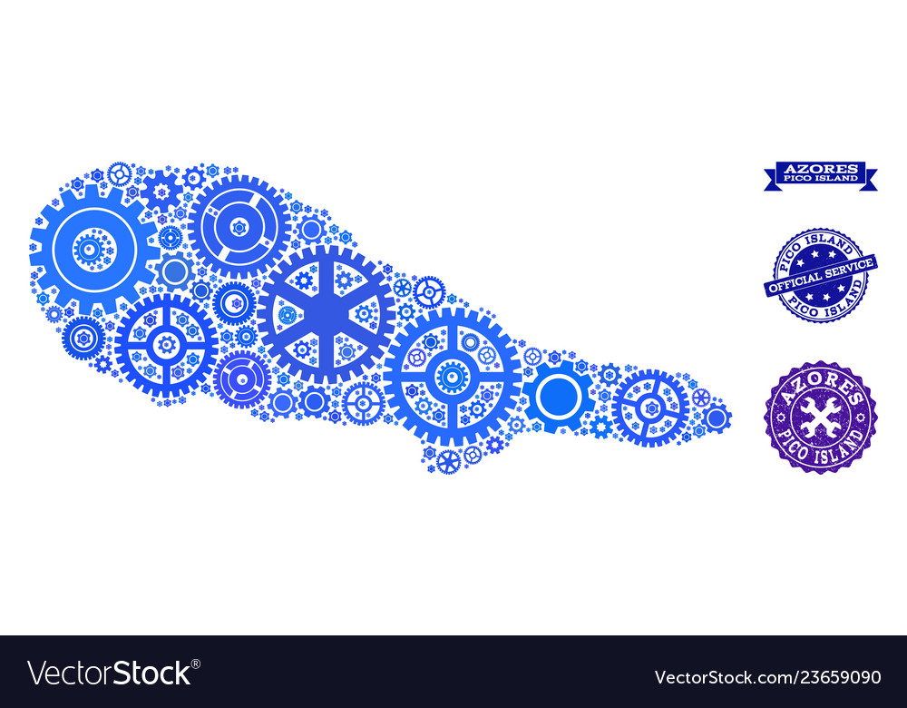 Collage map of pico island with cogs and rubber
