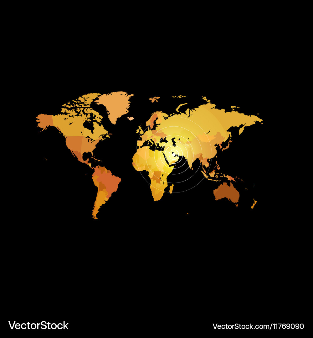 Orange Color World Map On Black Background Globe Vector Image