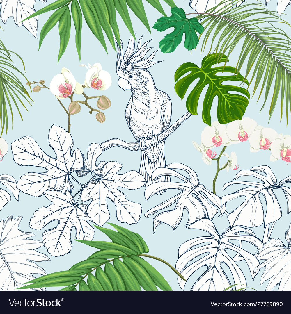 Seamless pattern background with tropical plants