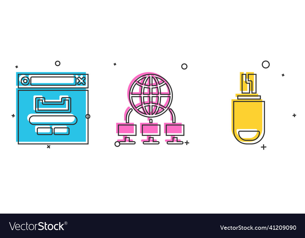 Set browser window computer network and usb flash vector image Set browser window computer network and usb flash