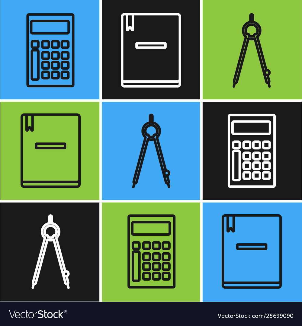 Set line calculator drawing compass and notebook vector image Set line calculator drawing compass and notebook