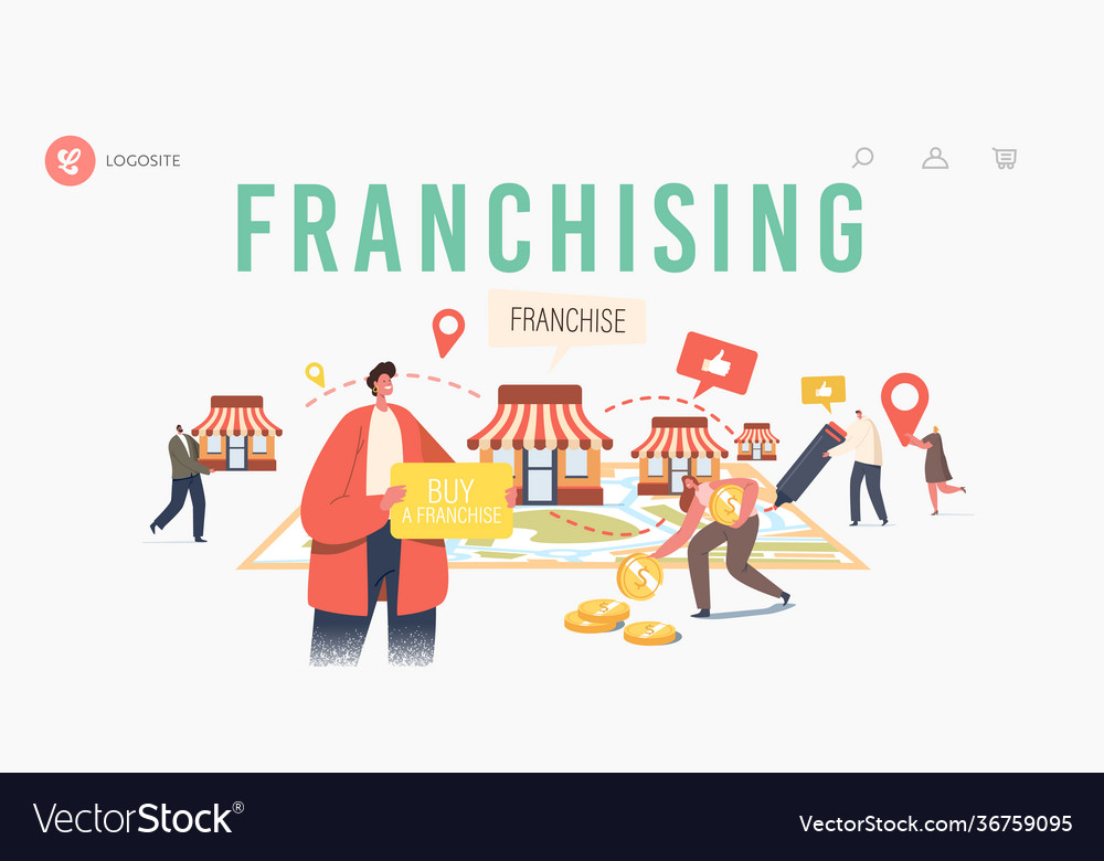 Franchising landing page template tiny characters vector image Franchising landing page template tiny characters