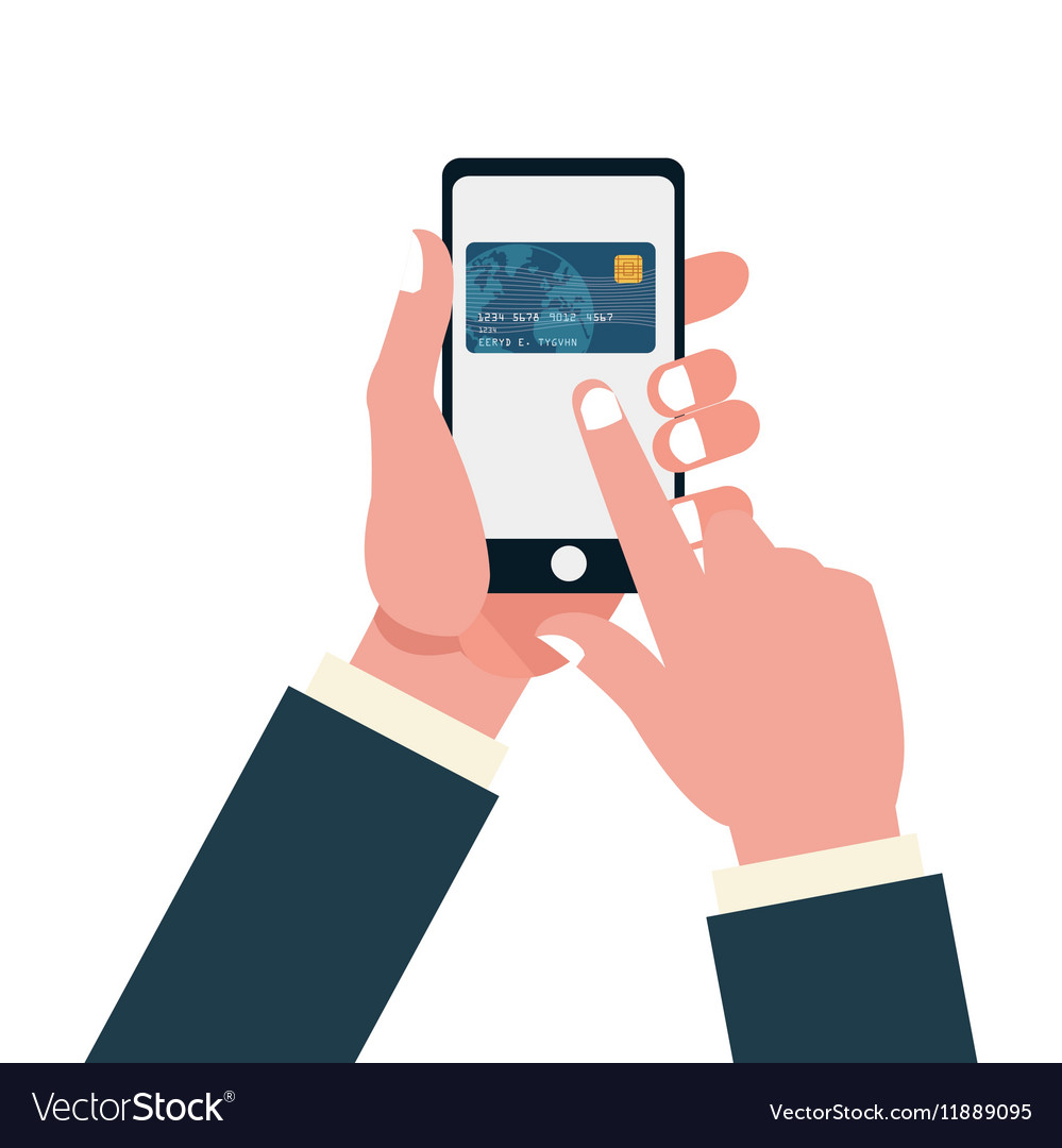 Hand holds smartphone touch credit card