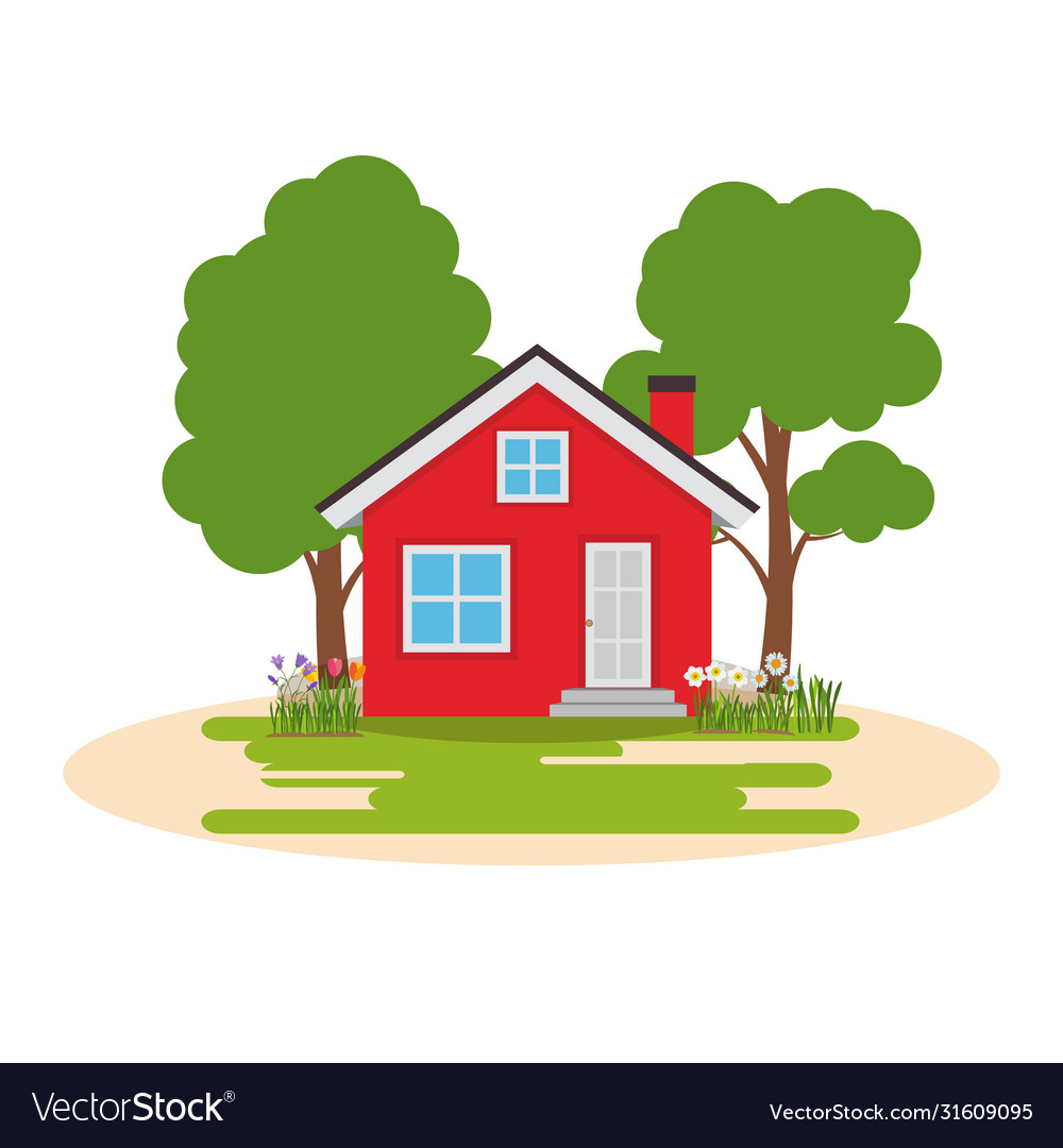 House with trees and flowers flat background