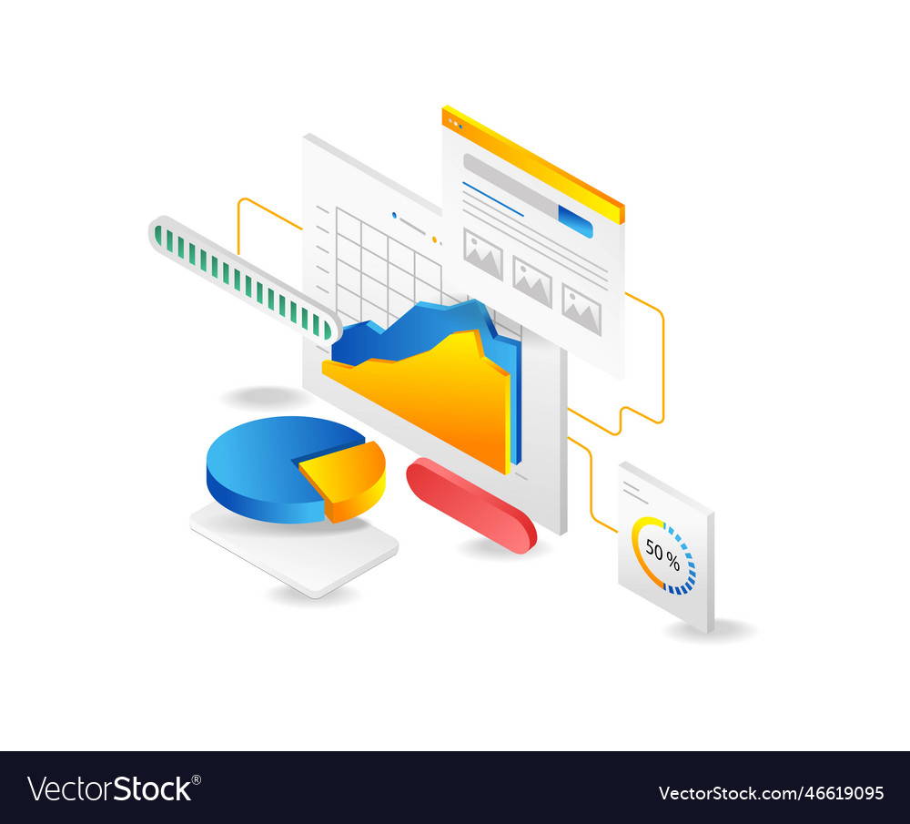 Isometric web analytics concept data analysis vector image Isometric web analytics concept data analysis