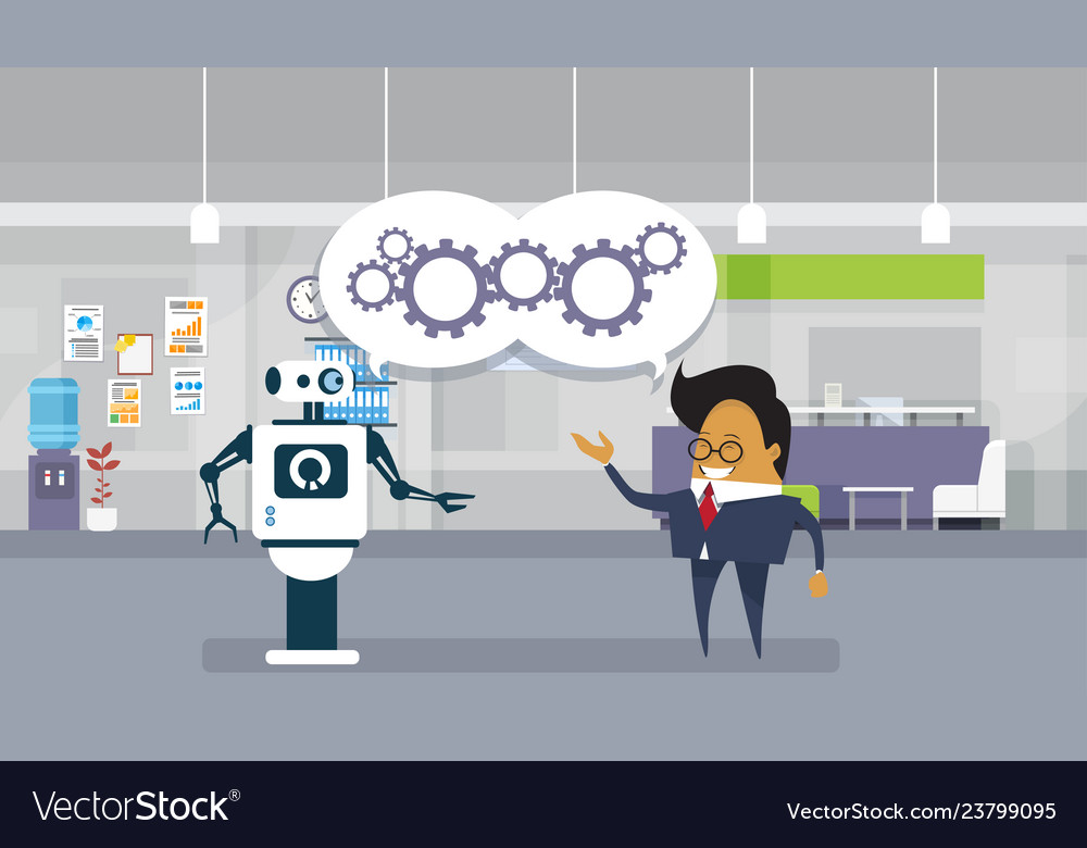 Modern robot and business man brainstorming vector image Modern robot and business man brainstorming