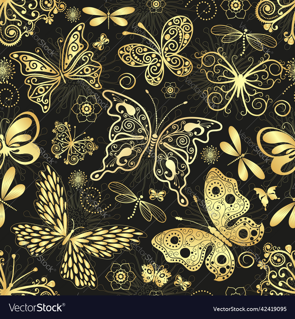 Seamless pattern with golden openwork butterflies
