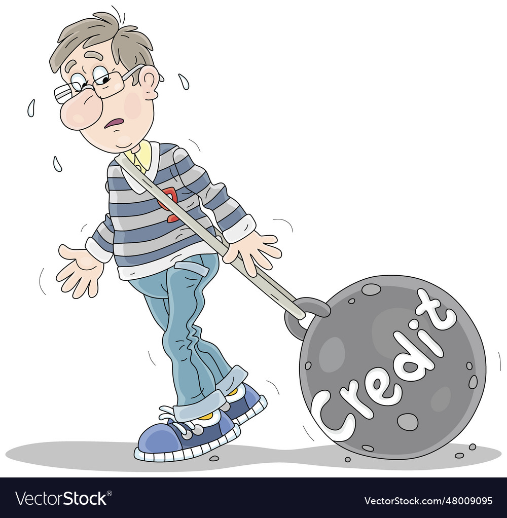 Tired young man and a heavy bank credit Royalty Free Vector