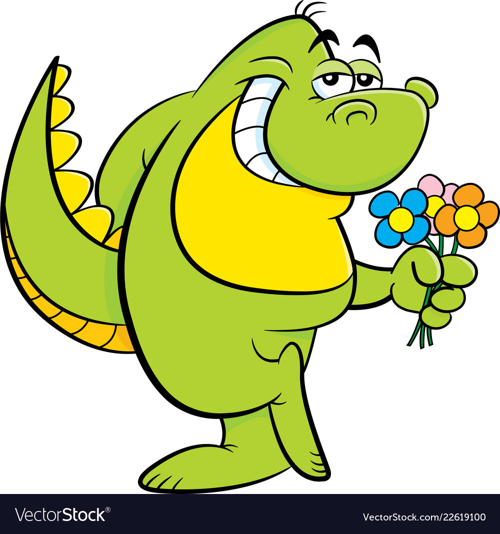 Cartoon dinosaur holding flowers