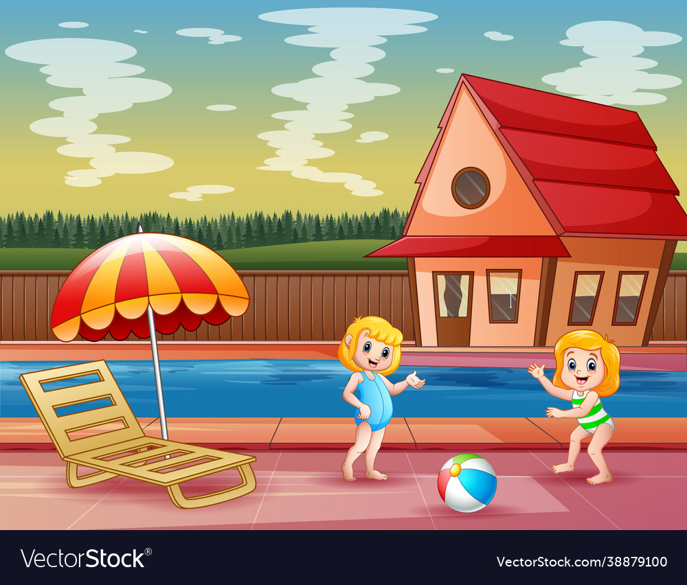 Happy girls playing at poolside Royalty Free Vector Image