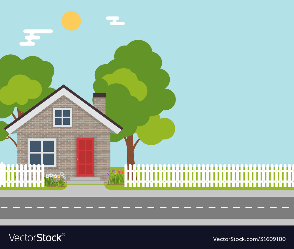 House with trees and flowers flat background