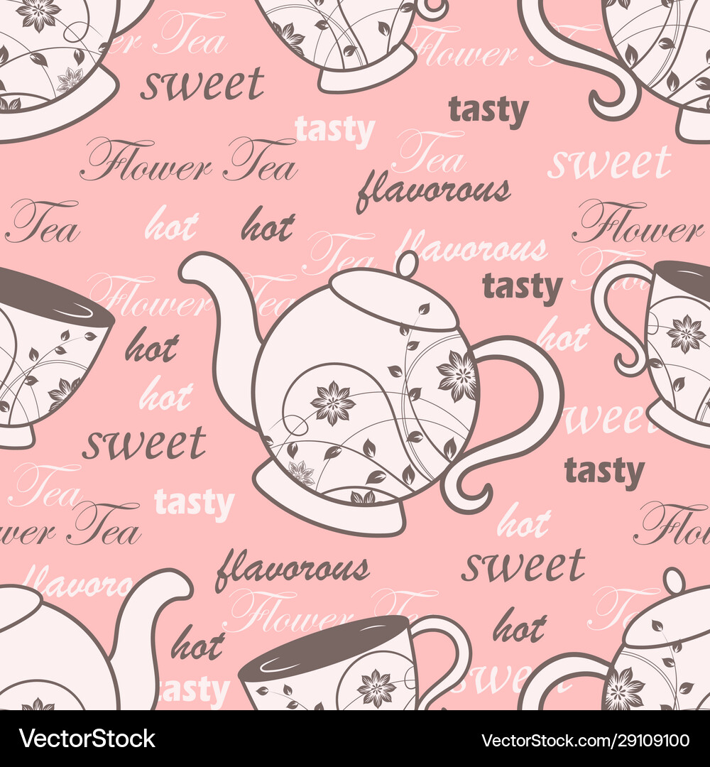 Seamless pattern with teapots and cups with floral