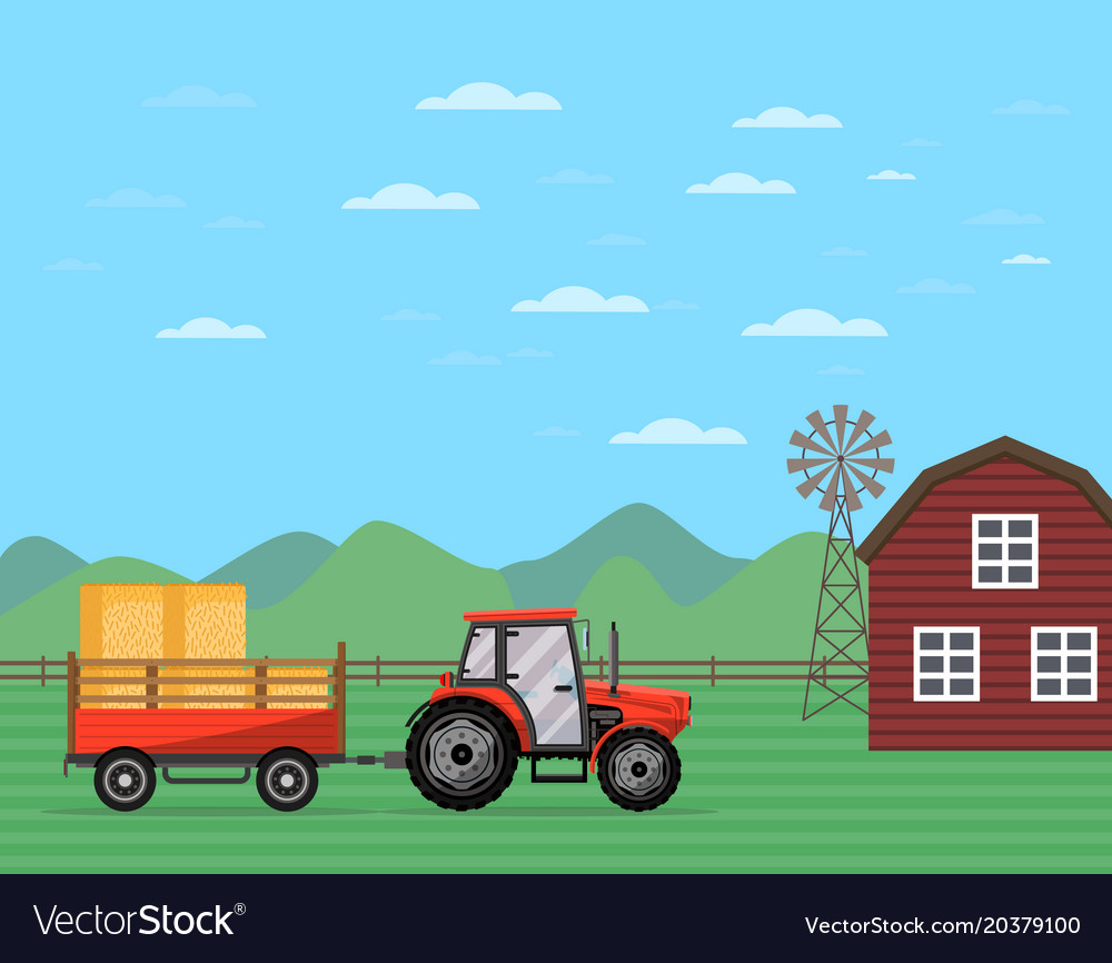 Tractor pulling trailer with hay banner