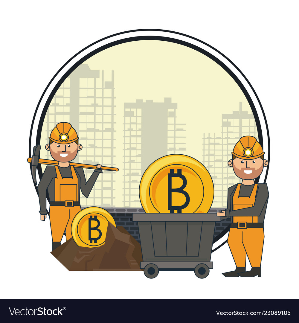 Bitcoin mining and workers with pick vector image Bitcoin mining and workers with pick