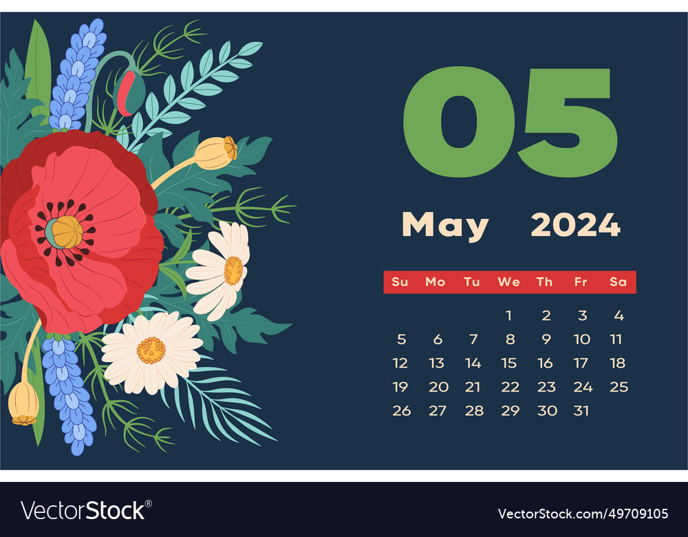 Floral may 2024 calendar template with bright Vector Image
