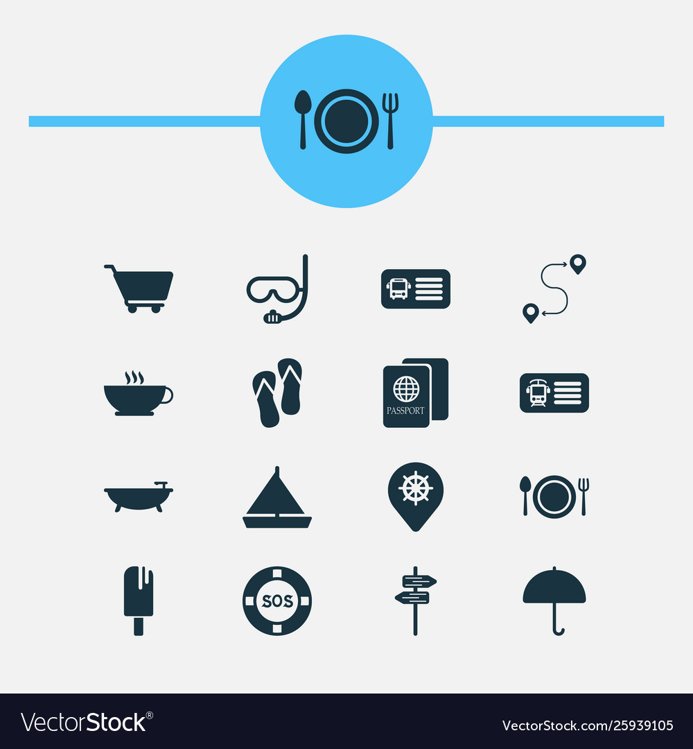 Journey icons set with label bus ticket passport vector image Journey icons set with label bus ticket passport