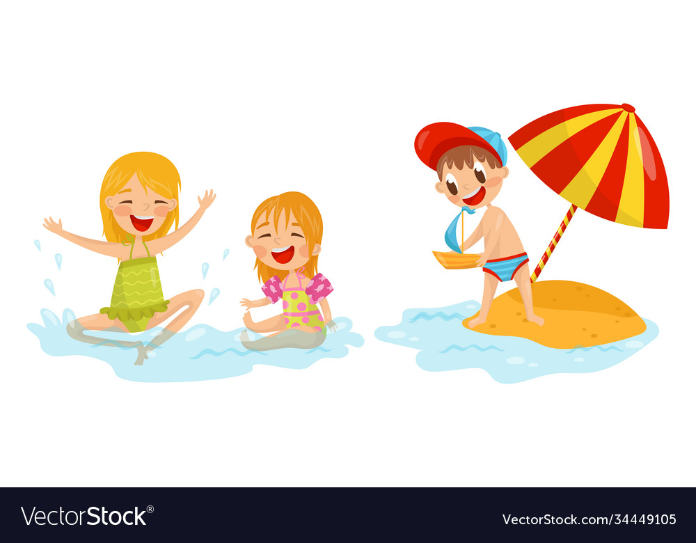 Little boy sailing toy boats and girls splashing Vector Image