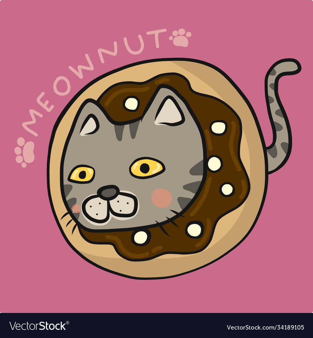 Meownut tabby cat inside donut cartoon