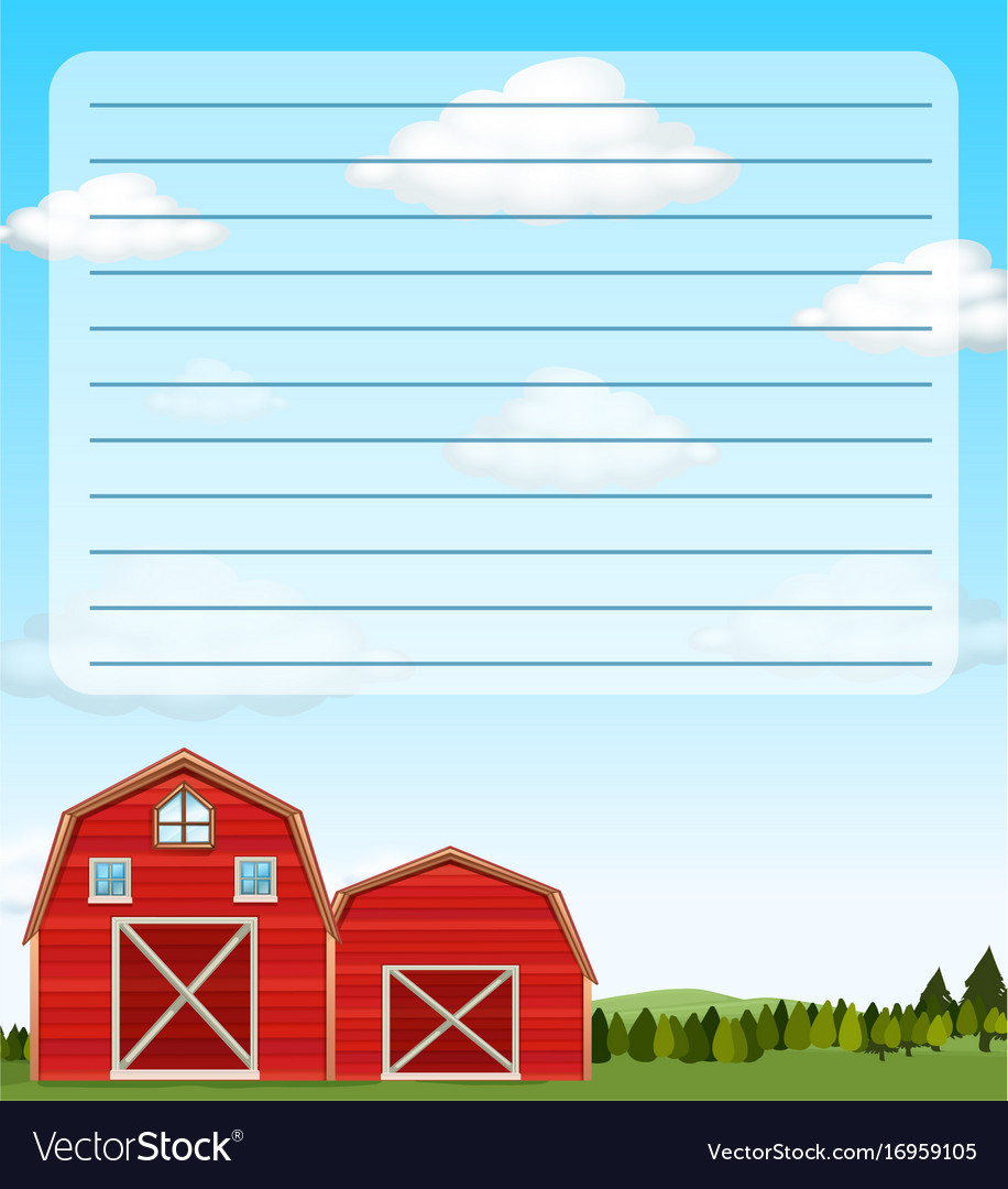 Paper template with red barns in field