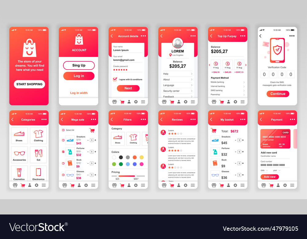 Set of ui ux gui screens shopping app flat design