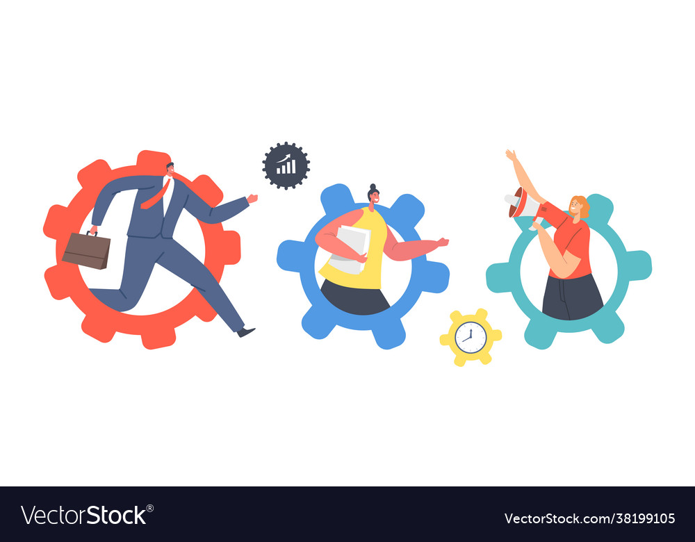 Set tiny characters moving huge cogwheels vector image Set tiny characters moving huge cogwheels