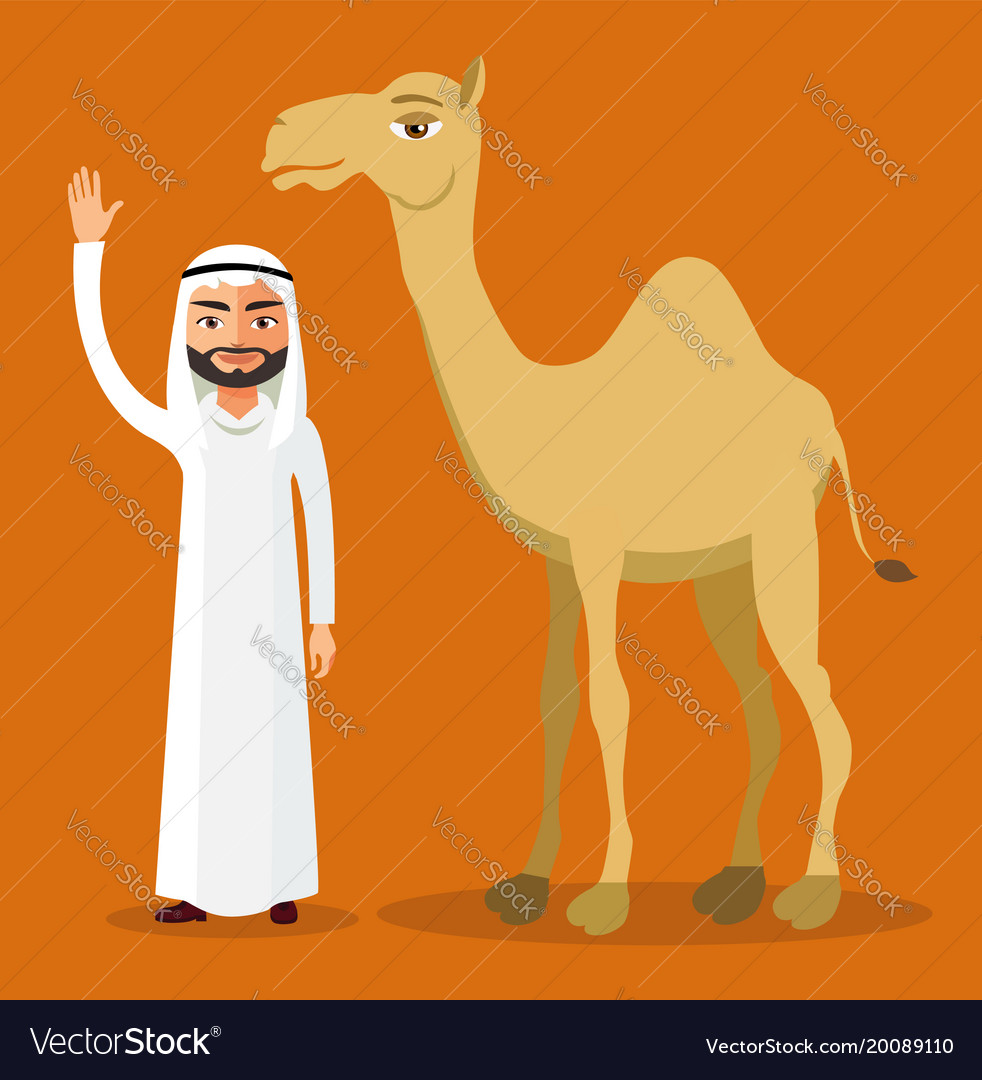 Arab man waving her hand and funny camel Vector Image Arab man waving her hand and funny camel Vector Image