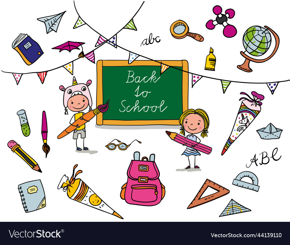 Back to school -pupils with objects