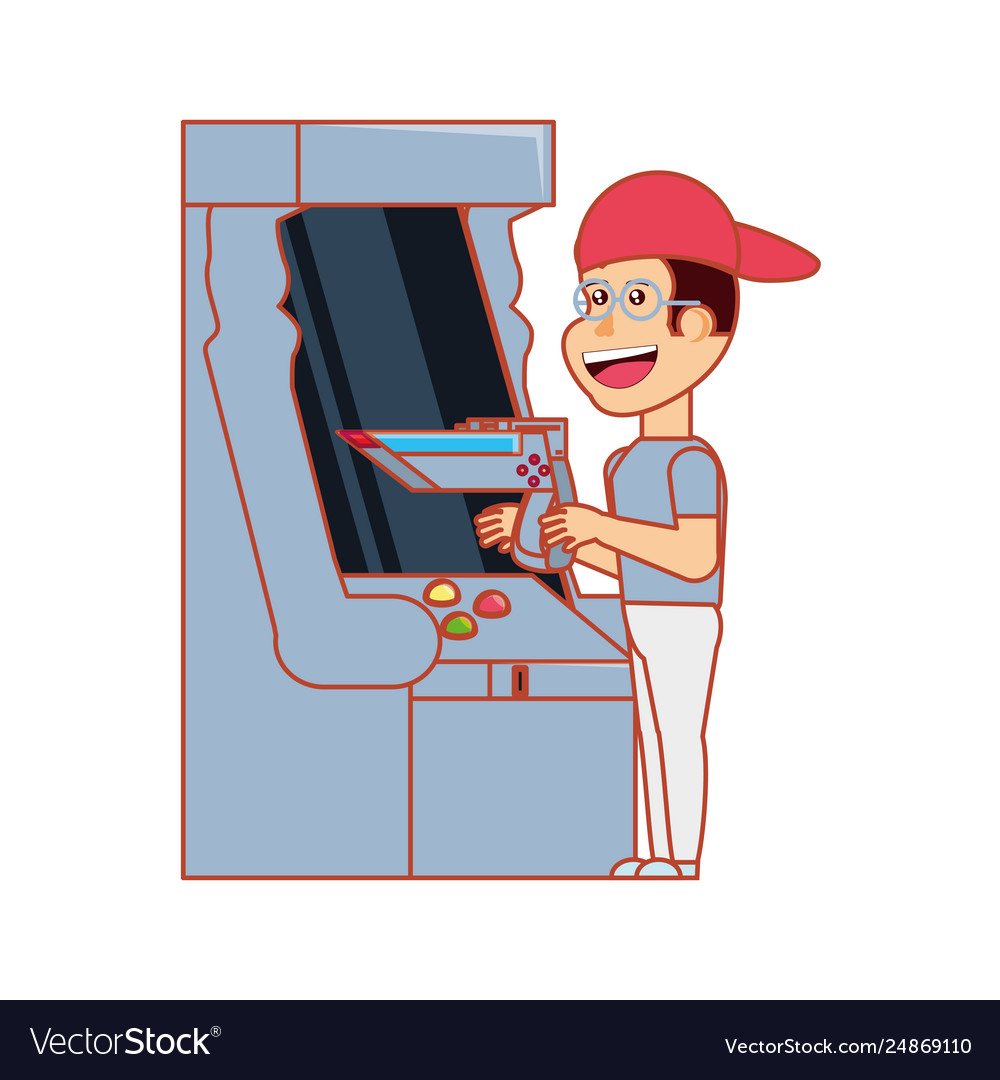 Boy playing in retro console video game machine