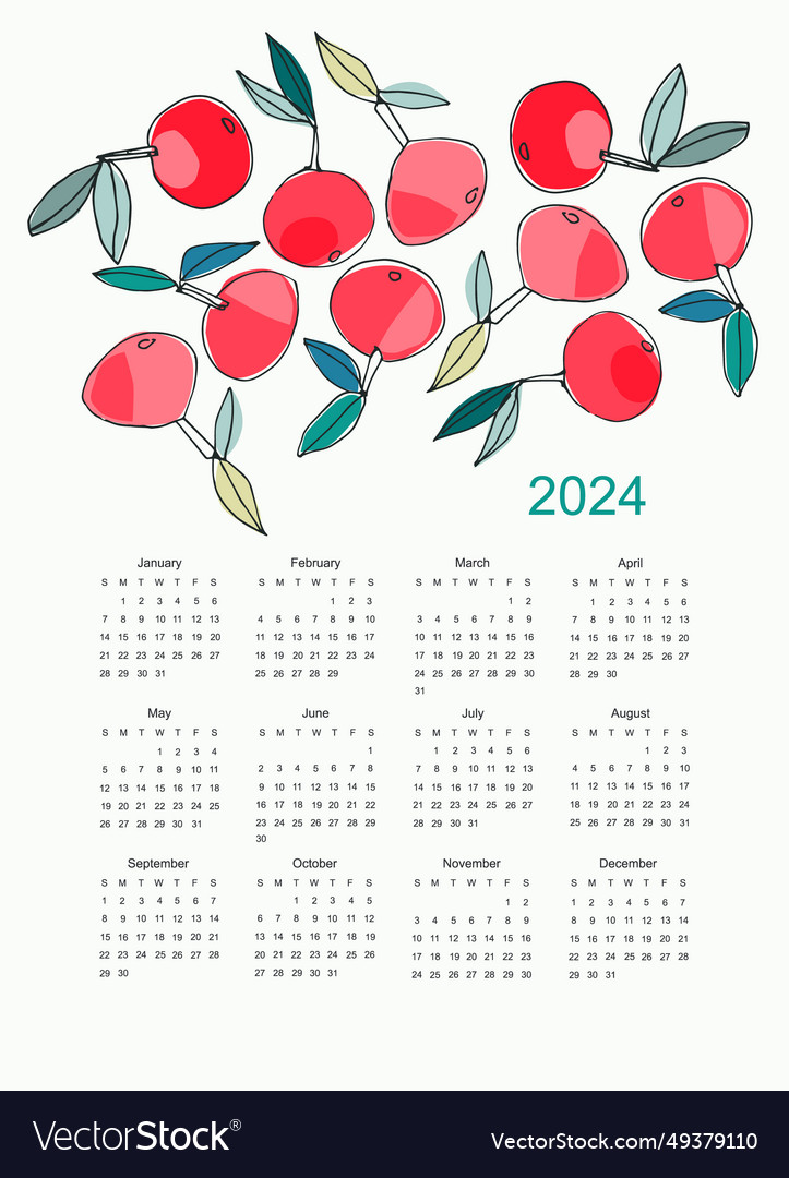 Calendar 2024 with hand drawn apples on bright