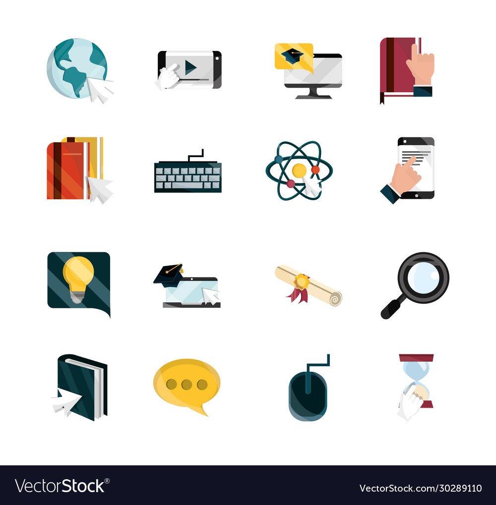 Online-Bildung Studie Technologie Schule Icons Set