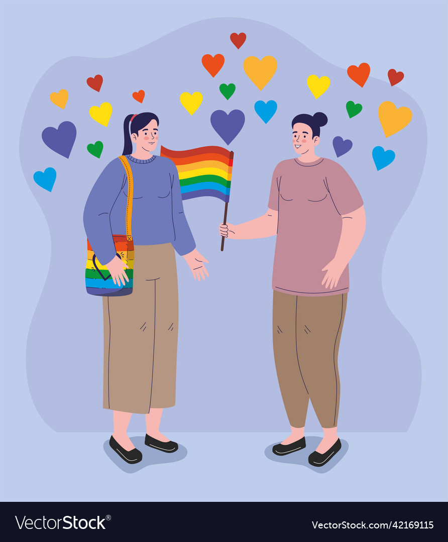 Lesbiand couple with lgtbi flag Royalty Free Vector Image