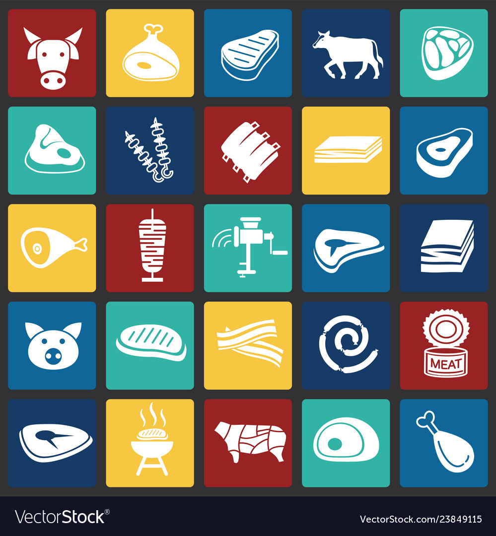 Meat icons set on color squres background