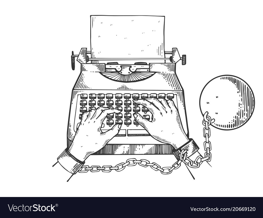 Hands chained to typewriter engraving