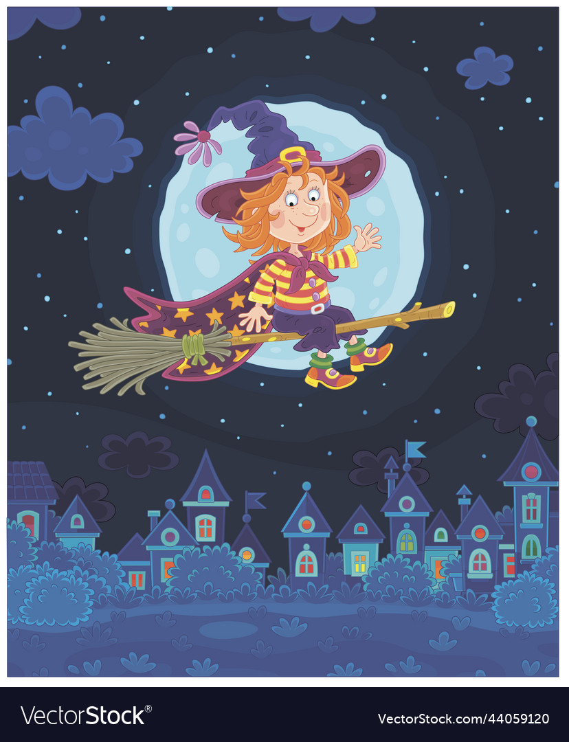 Little halloween witch flying on a magic broom