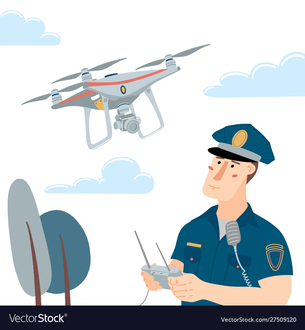 Policeman operating a drone clouds and trees