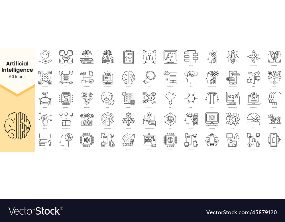 Set of artificial intelligence icons simple line vector image Set of artificial intelligence icons simple line