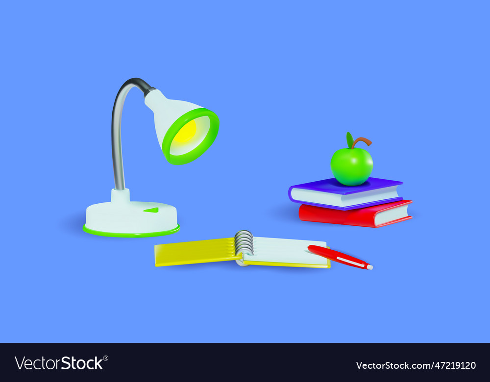 Workplace render with notebook lamp books vector image Workplace render with notebook lamp books