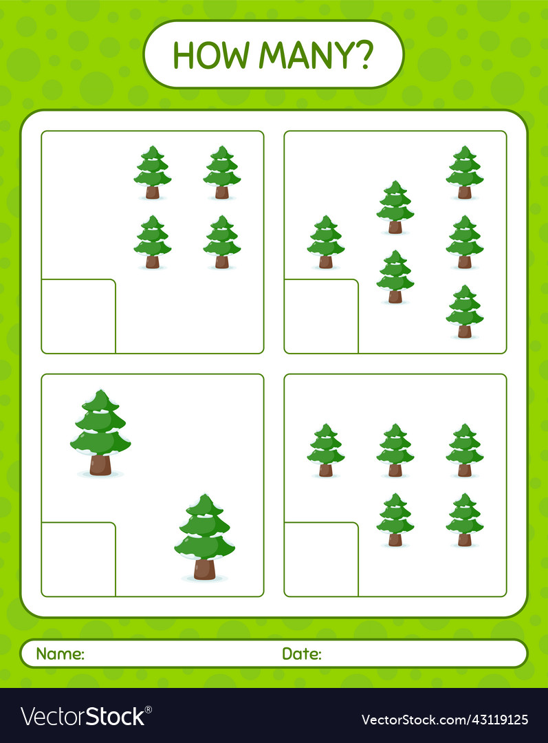 How many counting game with pine tree worksheet vector image How many counting game with pine tree worksheet