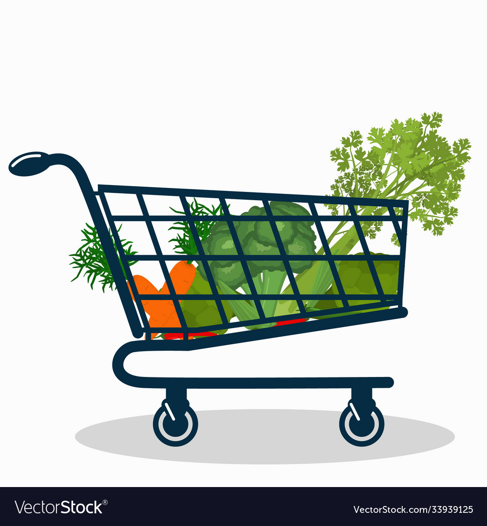 Supermarket cart filled with vegetables