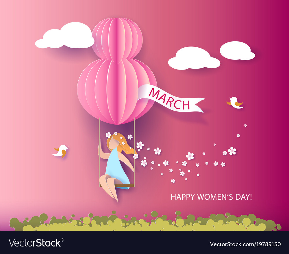 Card for 8 march womens day woman on teeterboard Vector Image